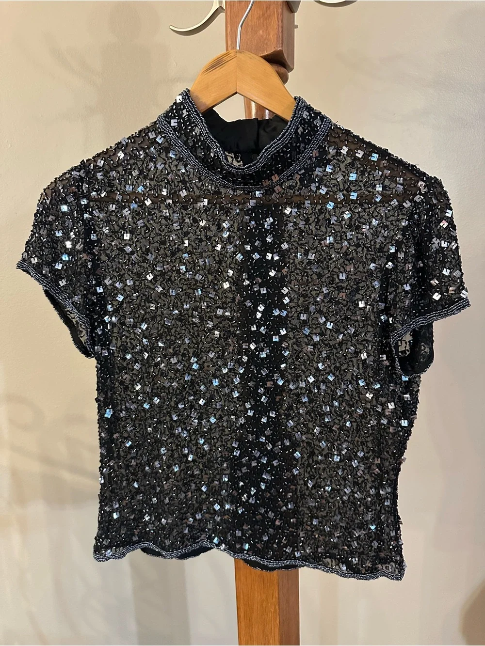 Adrianna Papell Black Sequin Mock Neck Top